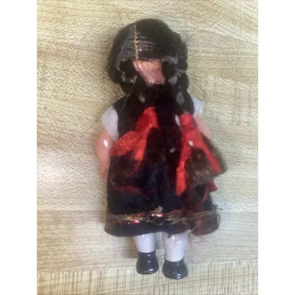 Vintage 1950s Hard Plastic Ethnic German Mini Girl Doll 3.25” Tall